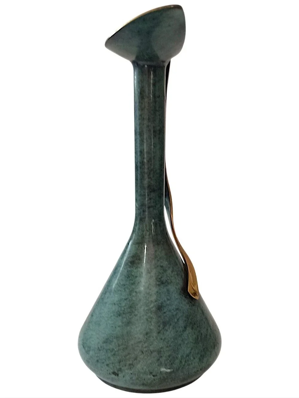 Vintage Pal Bell Brass Ewer Pitcher Israel Green Enamel MCM Modernist Freeform